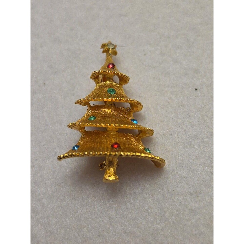 Vintage LJM Christmas Tree Brooch Gold Tone Multicolor Rhinestone Holiday Pin